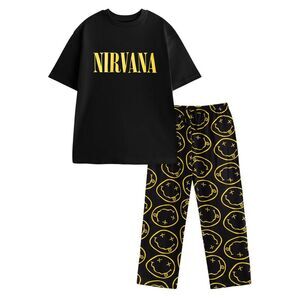 Nirvana Mens Logo Short-Sleeved Long Pyjama Set / Black